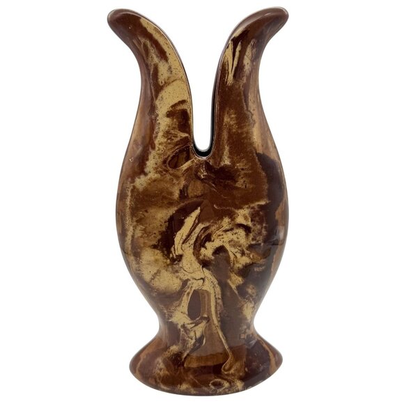 Vtg Clays in Calico Pottery Vase Marbled Brown Cream Signed Cardwell MT 1987 11" - Picture 1 of 9